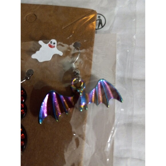 Halloween Earrings Set of 3 Ghost Studs Iridescent Dangle Bats & Rhinestone Boo - Picture 3 of 4